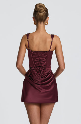 M.T Imogen Mini Dress Satin Corsetted Bodice Cherry Lacquer