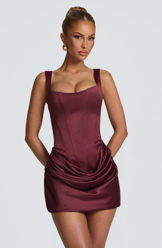 M.T Imogen Mini Dress Satin Corsetted Bodice Cherry Lacquer