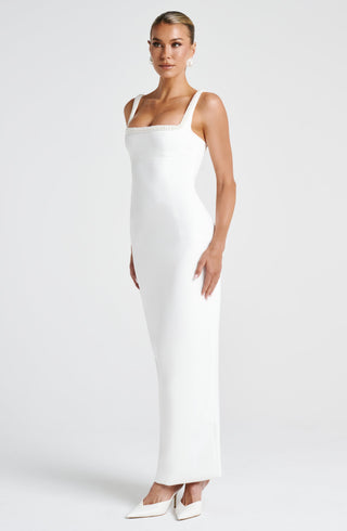 R.F Ines Midaxi Dress Pearl Trim Square Neck Ivory