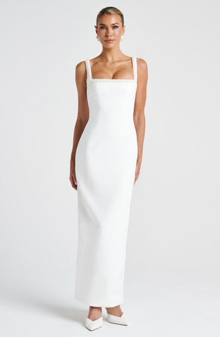 R.F Ines Midaxi Dress Pearl Trim Square Neck Ivory
