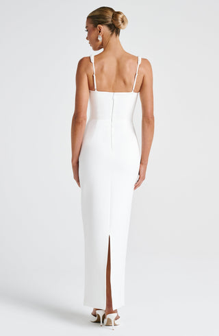 R.F Ines Midaxi Dress Pearl Trim Square Neck Ivory