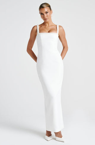 R.F Ines Midaxi Dress Pearl Trim Square Neck Ivory