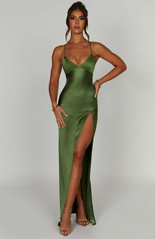 M.T Isobel Maxi Dress Bias-Cut Satin Plunge Neck Emerald