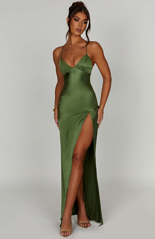 M.T Isobel Maxi Dress Bias-Cut Satin Plunge Neck Emerald