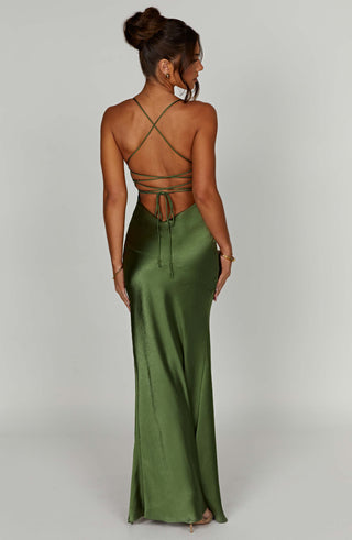 M.T Isobel Maxi Dress Bias-Cut Satin Plunge Neck Emerald
