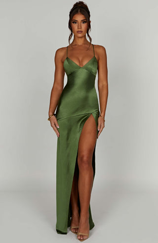 M.T Isobel Maxi Dress Bias-Cut Satin Plunge Neck Emerald