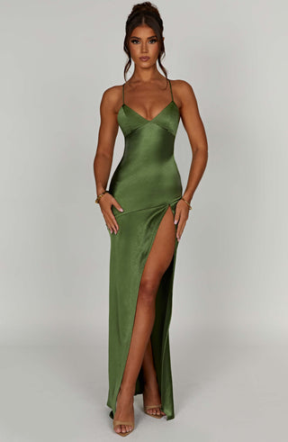 M.T Isobel Maxi Dress Bias-Cut Satin Plunge Neck Emerald