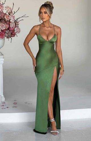 M.T Isobel Maxi Dress Bias-Cut Satin Plunge Neck Emerald