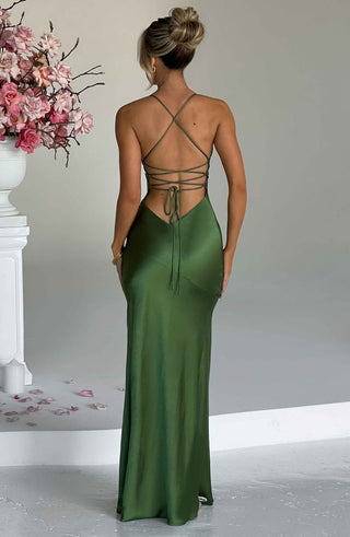 M.T Isobel Maxi Dress Bias-Cut Satin Plunge Neck Emerald