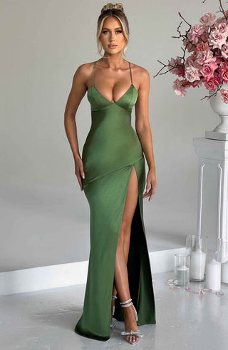 M.T Isobel Maxi Dress Bias-Cut Satin Plunge Neck Emerald