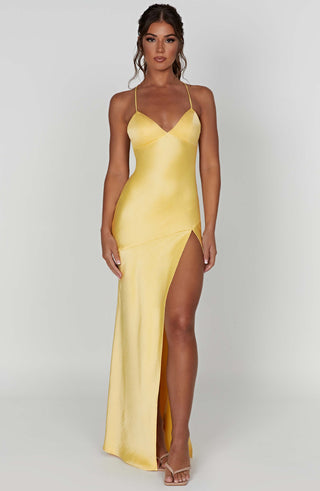 M.T Isobel Maxi Dress Satin Bias Cut Lemon