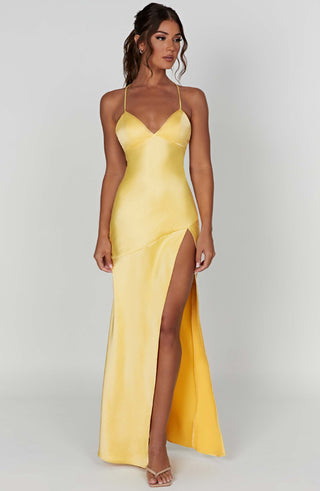 M.T Isobel Maxi Dress Satin Bias Cut Lemon