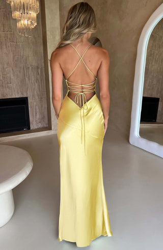M.T Isobel Maxi Dress Satin Bias Cut Lemon