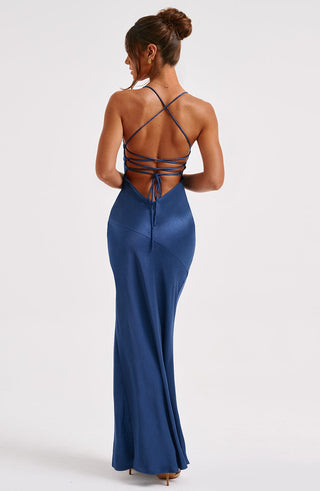 M.T Isobel Maxi Dress Bias Cut Satin Plunge Neck Navy