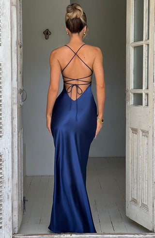 M.T Isobel Maxi Dress Bias Cut Satin Plunge Neck Navy
