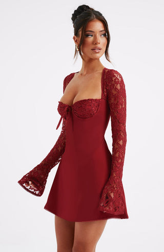 L.F Jacinta Mini Dress Floral Lace Long Sleeve Red