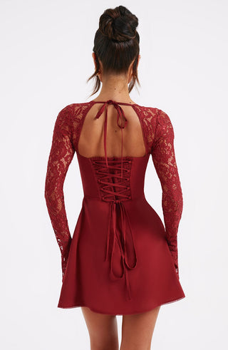 L.F Jacinta Mini Dress Floral Lace Long Sleeve Red