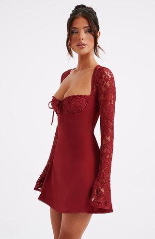 L.F Jacinta Mini Dress Floral Lace Long Sleeve Red