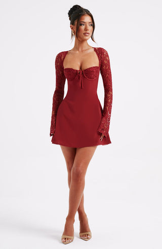 L.F Jacinta Mini Dress Floral Lace Long Sleeve Red