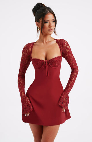 L.F Jacinta Mini Dress Floral Lace Long Sleeve Red