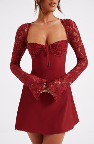 L.F Jacinta Mini Dress Floral Lace Long Sleeve Red