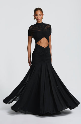 R.F Jaya Maxi Dress Sheer Cape Overlay Black