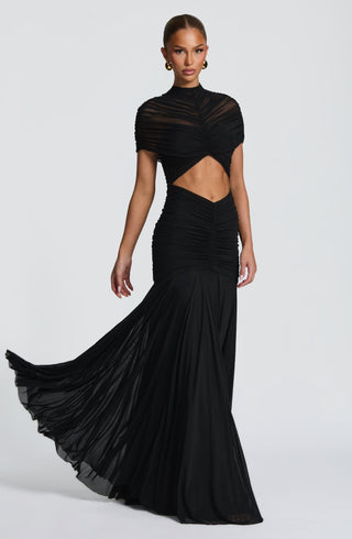 R.F Jaya Maxi Dress Sheer Cape Overlay Black