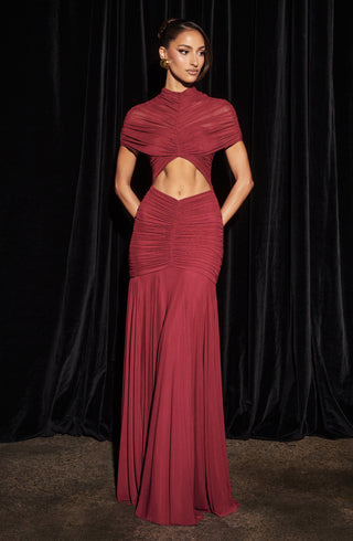 R.F Jaya Maxi Dress Stretch Mesh High Neck Burgundy