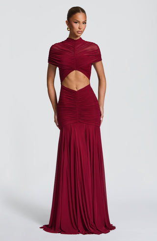 R.F Jaya Maxi Dress Stretch Mesh High Neck Burgundy