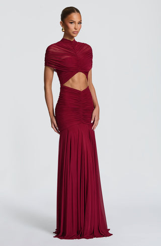R.F Jaya Maxi Dress Stretch Mesh High Neck Burgundy
