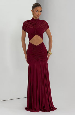 R.F Jaya Maxi Dress Stretch Mesh High Neck Burgundy