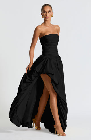 R.F Jillian Maxi Dress Strapless Ruched Thigh-Split Black