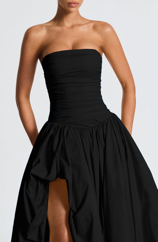 R.F Jillian Maxi Dress Strapless Ruched Thigh-Split Black