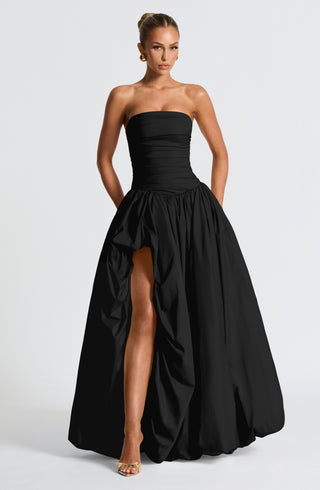 R.F Jillian Maxi Dress Strapless Ruched Thigh-Split Black
