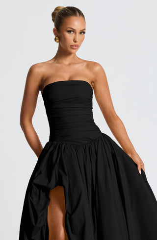 R.F Jillian Maxi Dress Strapless Ruched Thigh-Split Black