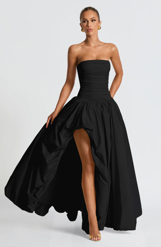 R.F Jillian Maxi Dress Strapless Ruched Thigh-Split Black