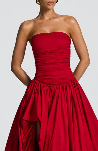R.F Jillian Maxi Dress Strapless Ruched Puff Ball Red