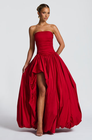 R.F Jillian Maxi Dress Strapless Ruched Puff Ball Red