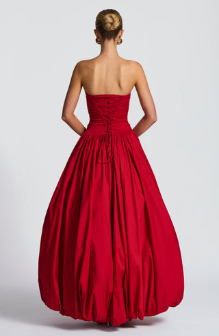R.F Jillian Maxi Dress Strapless Ruched Puff Ball Red