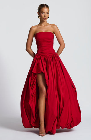 R.F Jillian Maxi Dress Strapless Ruched Puff Ball Red