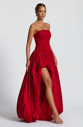 R.F Jillian Maxi Dress Strapless Ruched Puff Ball Red