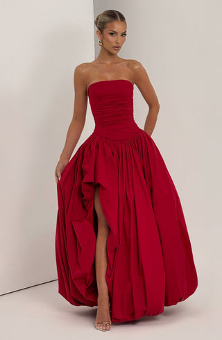 R.F Jillian Maxi Dress Strapless Ruched Puff Ball Red