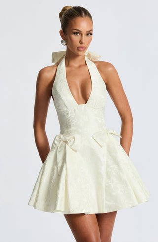 R.F Jocelyn Mini Dress Structured Floral Jacquard Ivory