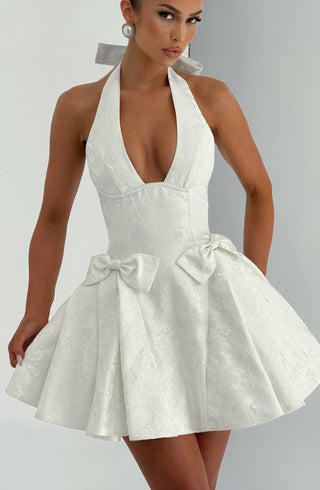 R.F Jocelyn Mini Dress Structured Floral Jacquard Ivory