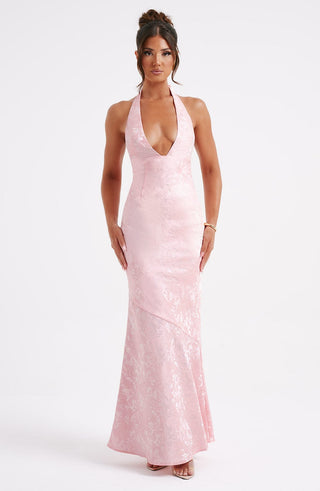 C.F Josephine Maxi Dress Halterneck Floral Jacquard Blush