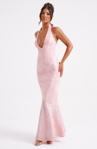 C.F Josephine Maxi Dress Halterneck Floral Jacquard Blush