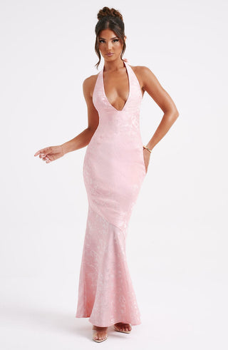 C.F Josephine Maxi Dress Halterneck Floral Jacquard Blush