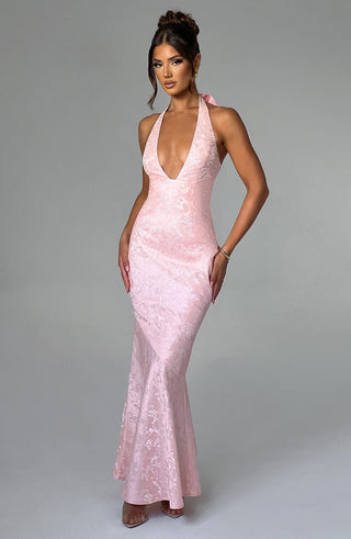 C.F Josephine Maxi Dress Halterneck Floral Jacquard Blush