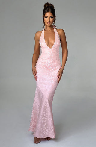 C.F Josephine Maxi Dress Halterneck Floral Jacquard Blush