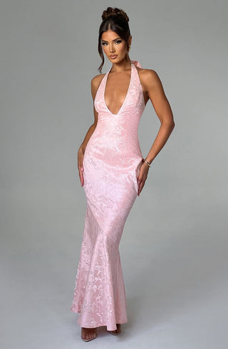 C.F Josephine Maxi Dress Halterneck Floral Jacquard Blush